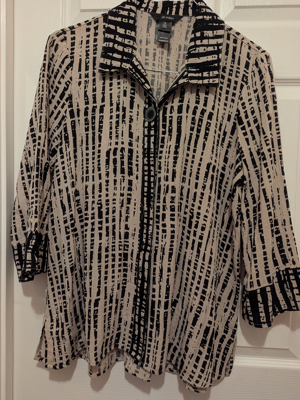 Ali Miles Black and Cream Abstract Grid Button-Down Shirt